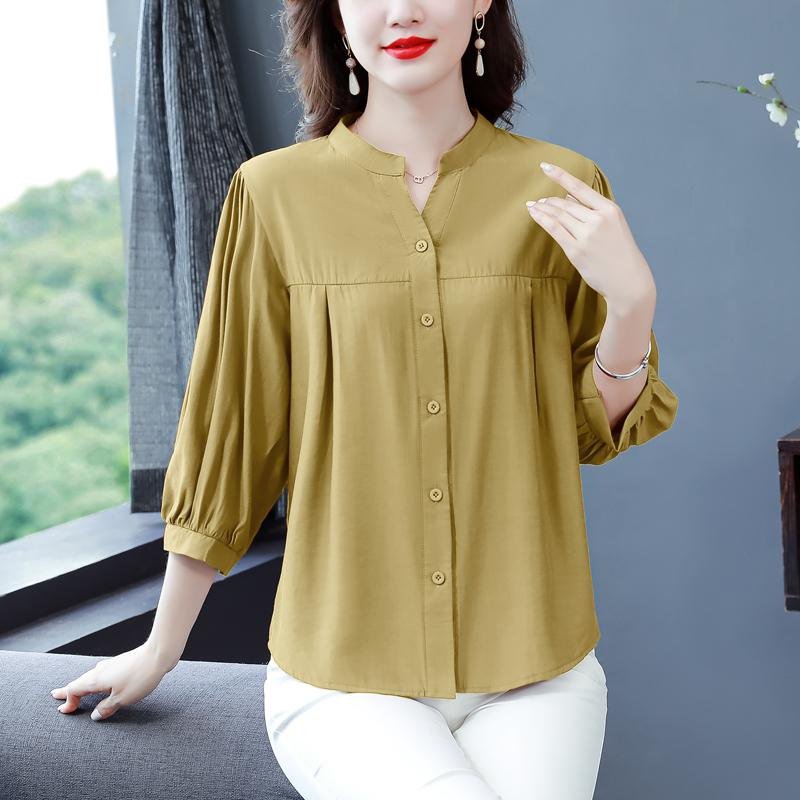 リネン混シャツ レディース 上品 ゆったり 半袖/七分袖 体型カバー ブラウス