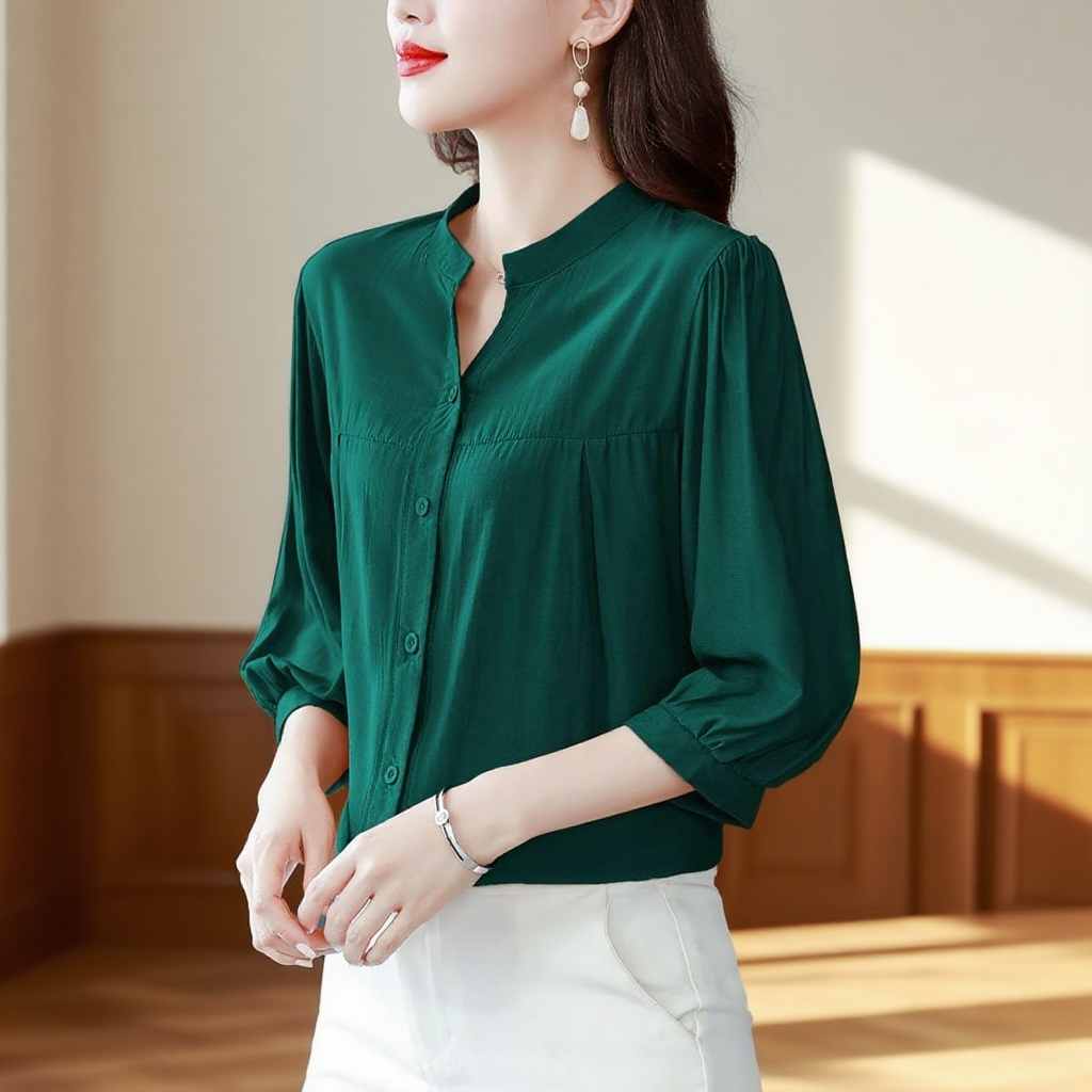 면 마 셔츠 여 린넨 상의 고급 반팔 칠부 소매 엄마 루즈핏 배 가리개 블라우스 고급스러움