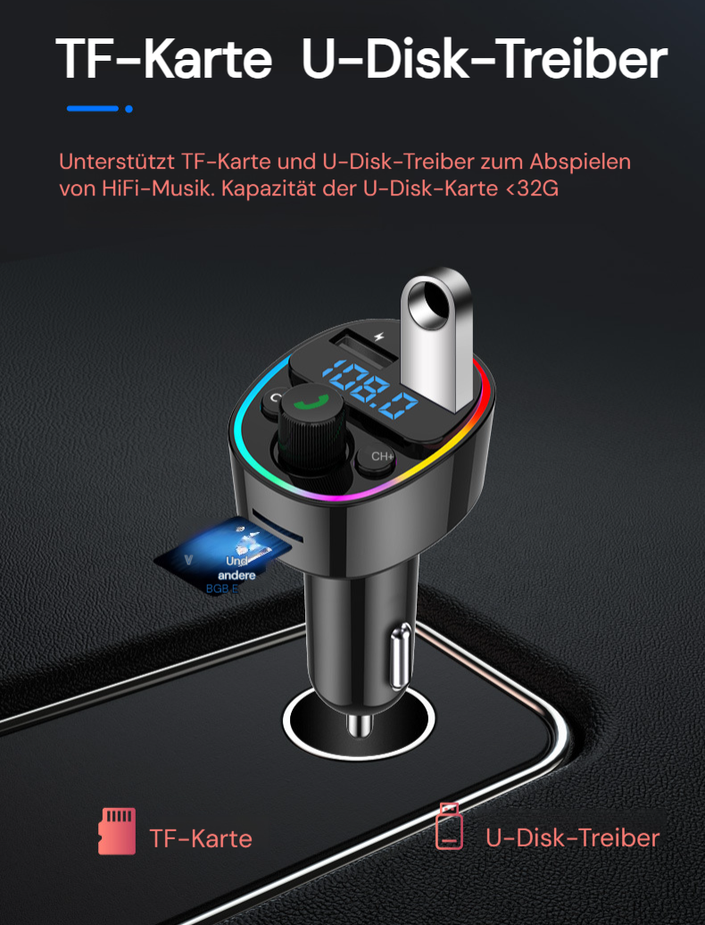 FM-Transmitter Bluetooth 5.0 Autoladegerät PD30W Schnellladung USB-Speicher kompatibel TF-Karte LED-