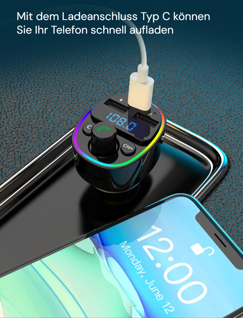 FM-Transmitter Bluetooth 5.0 Autoladegerät PD30W Schnellladung USB-Speicher kompatibel TF-Karte LED-