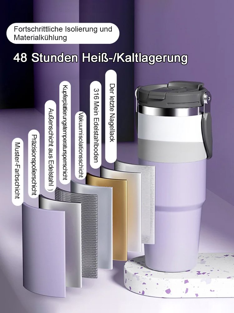 Große, auslaufsichere Vakuum-Edelstahl-Isolier-Strohhalm-Tasse.