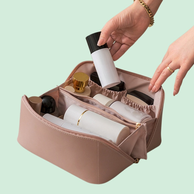 ネットセレブの新作トイレタリーバッグ ピローコスメバッグ レザー PU 女性用 大容量 ポータブル 旅行 メイクアップ 収納バッグ