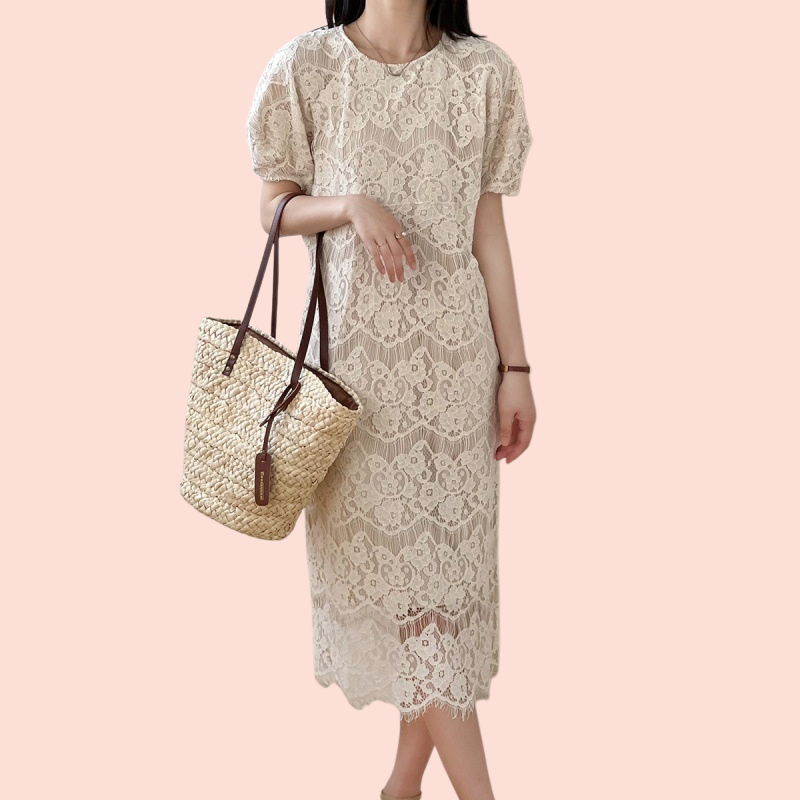 여름 자수 원피스 여성 라운드넥 미디 스커트