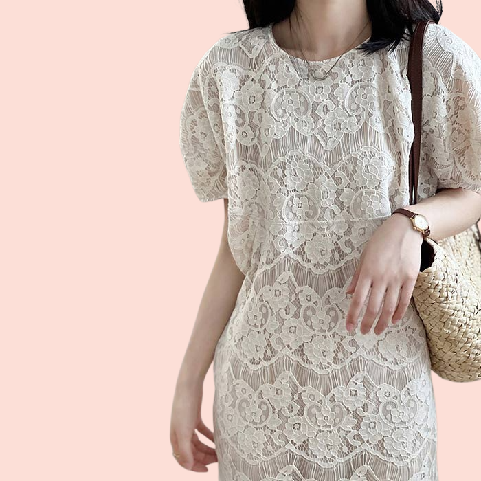 여름 자수 원피스 여성 라운드넥 미디 스커트