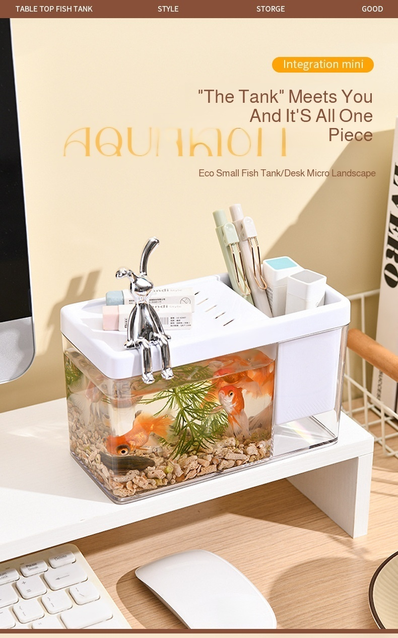 Mini ultra-clear glass fish tank in living room setting