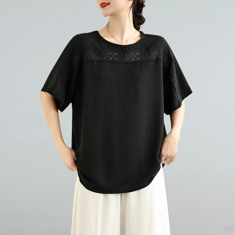 여름 신상 불규칙 레이스 접합 큰 사이즈 여성복 상의 뚱뚱 mm 나이를 줄여 배를 가리는 한국판 티셔츠