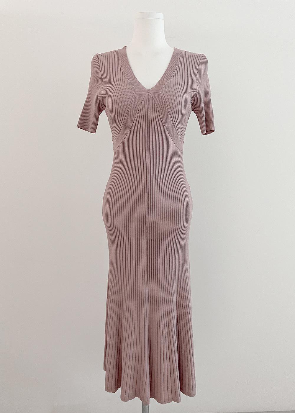 반팔 슬림 미디스커트 솔리드 니트 브이넥 풀오버 원피스