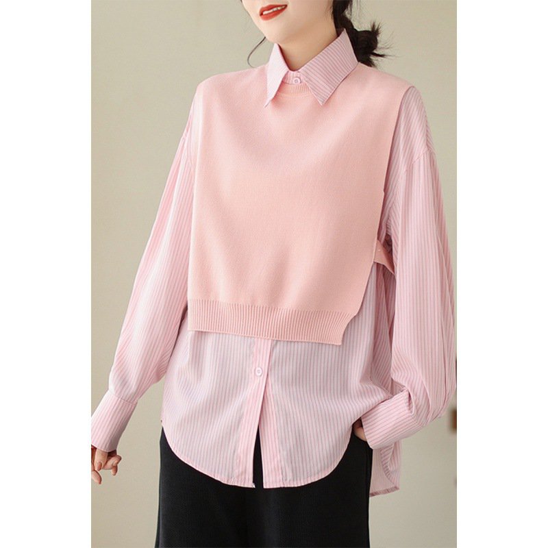 新作 ゆったりストライプシャツ ニットベスト付き ツーピーススーツ 女性用