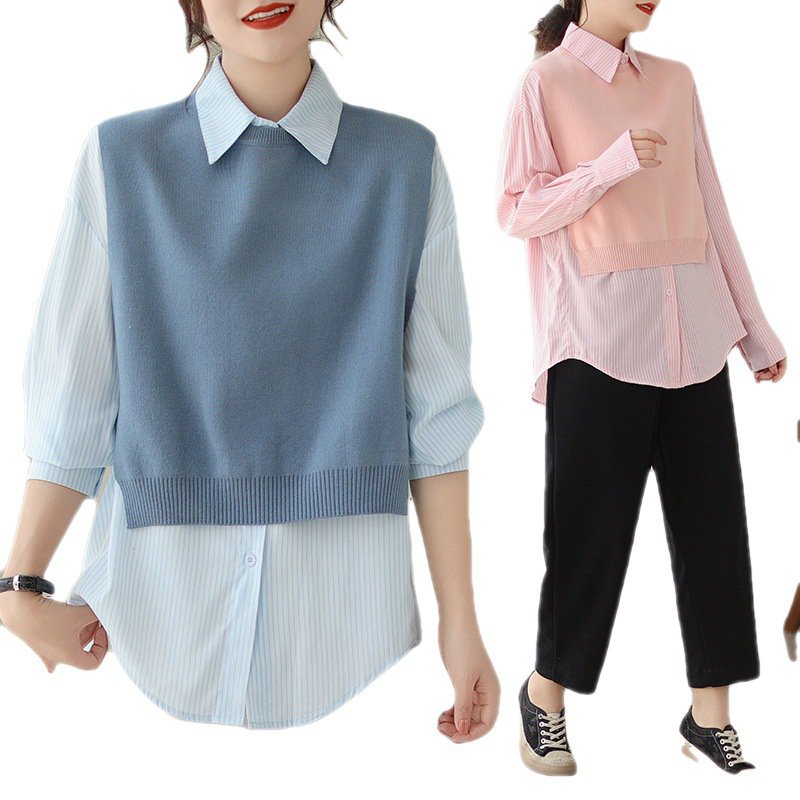 新作 ゆったりストライプシャツ ニットベスト付き ツーピーススーツ 女性用