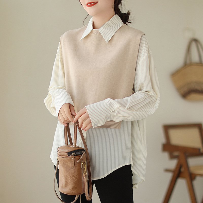 新作 ゆったりストライプシャツ ニットベスト付き ツーピーススーツ 女性用