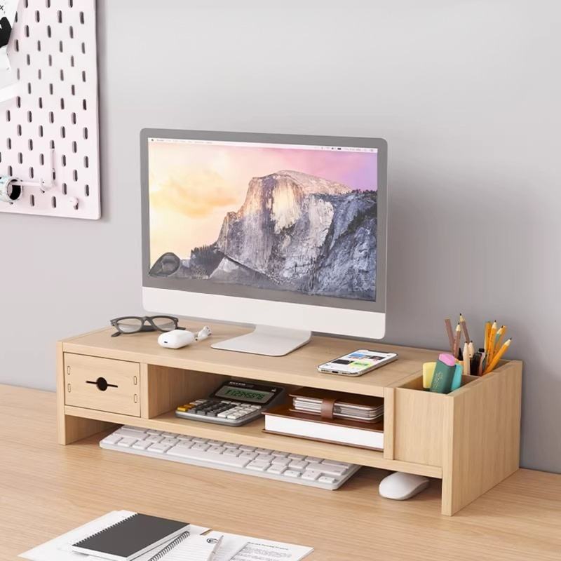 Ergonomic Wooden Monitor Riser with Drawer & Keyboard Storage Space-saving Desk Organizer