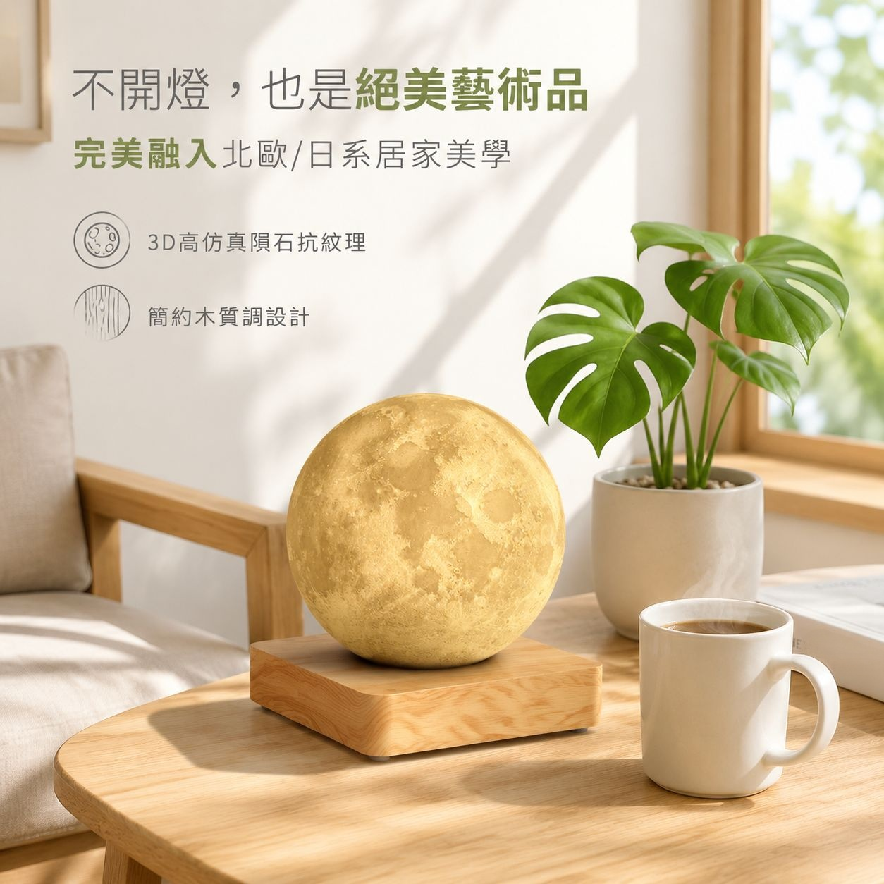 創意磁浮月球燈三色觸控床頭桌燈仿木氣氛燈