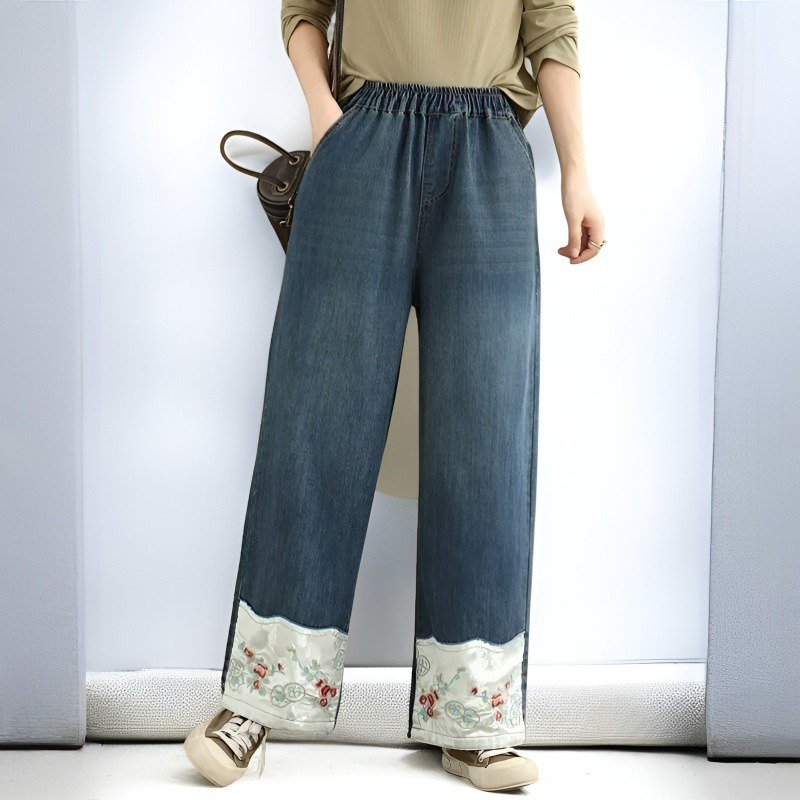 秋の和風刺繍ワイドレッグジーンズ