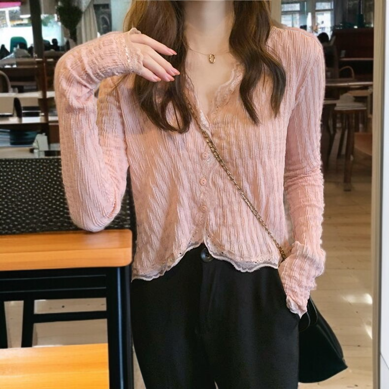 살구블라우스여브이넥 래쉬가드 상의 쉬폰 살구블라우스여 래쉬가드 상의