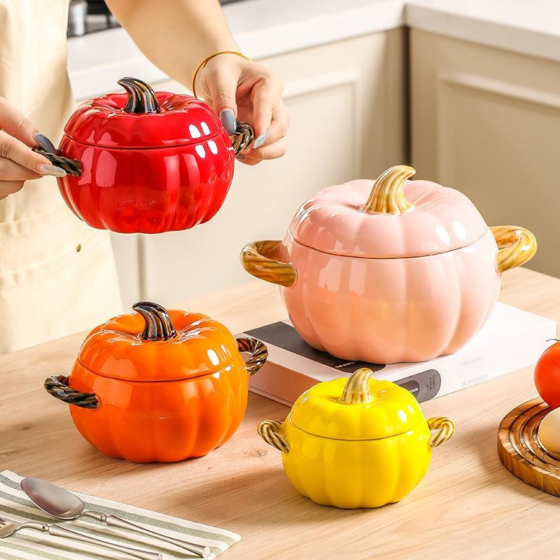 Large Ceramic Pumpkin Soup Bowl with Lid and Double Handles, Anti-scalding for Home Use