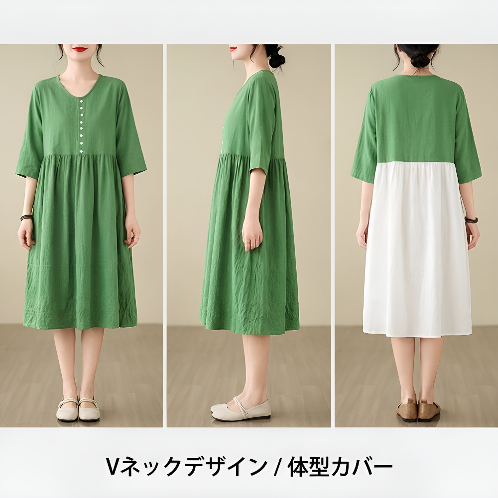 ゆったり切替コットンリネンVネック五分袖ミディアムワンピース（レディース・アート風）