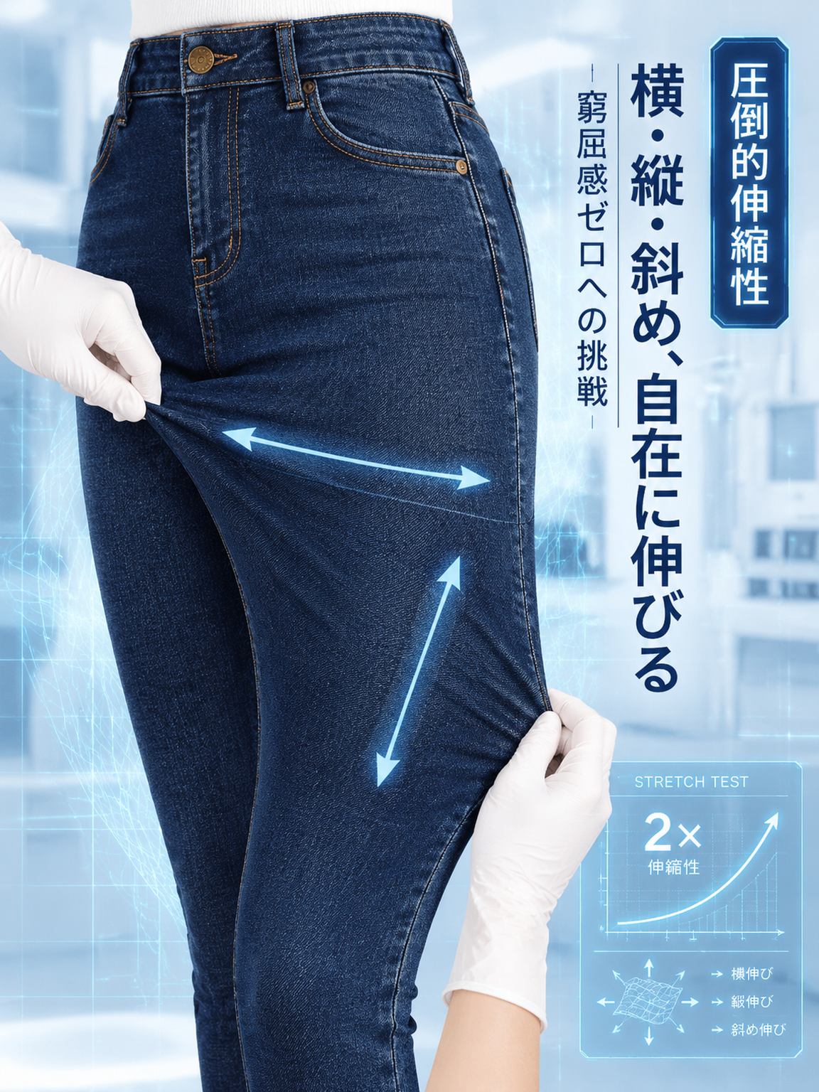 【360°ハイストレッチ×人間工学立体美脚】次世代美シルエット スキニーデニム｜骨格を選ばない感動の伸縮性・深履きハイウエスト・JIS伸縮復元率98.6%実証