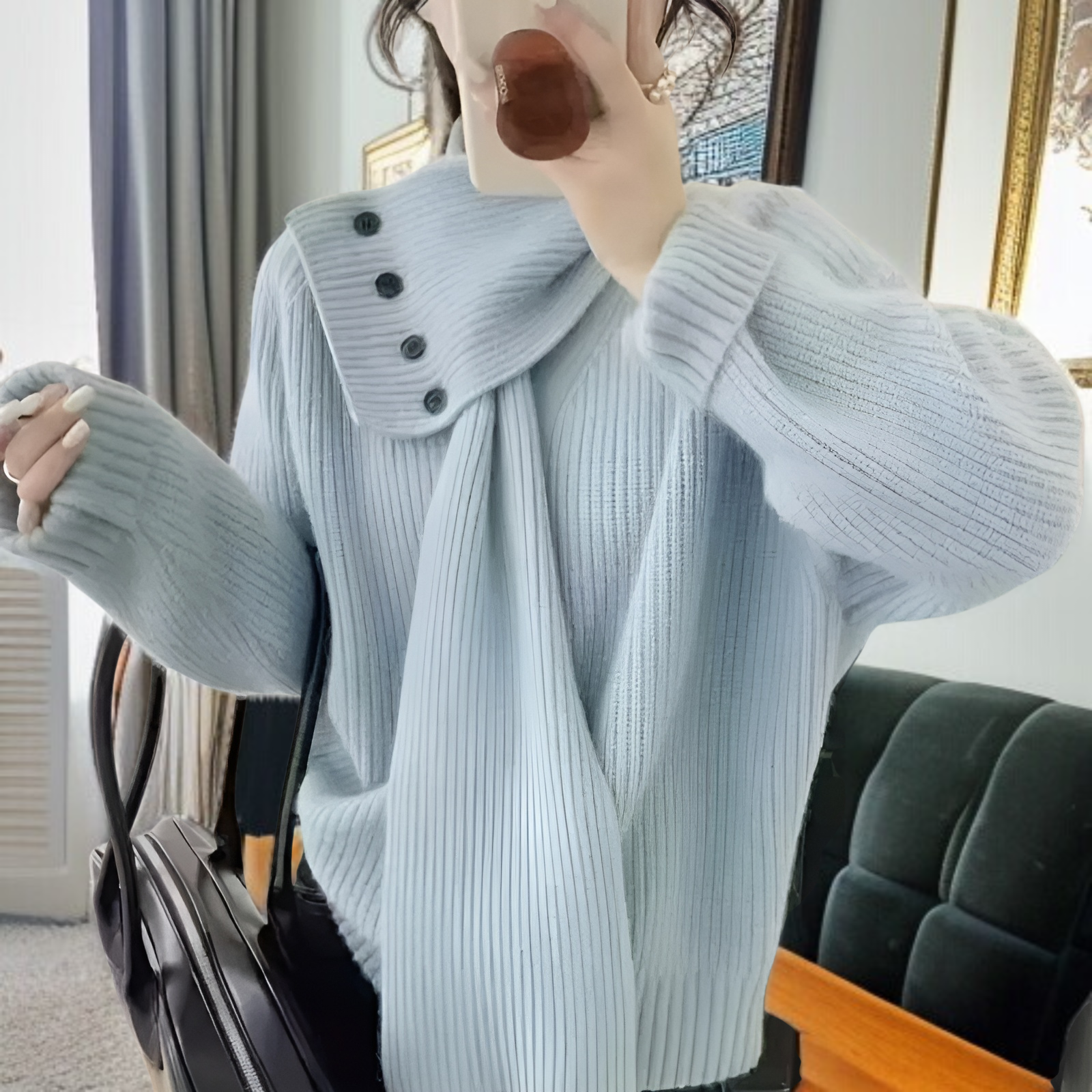 2025年新作 取り外し可能なスカーフ付きVネックセーター レディース 秋冬 ゆったりとしたハイエンドニットトップス