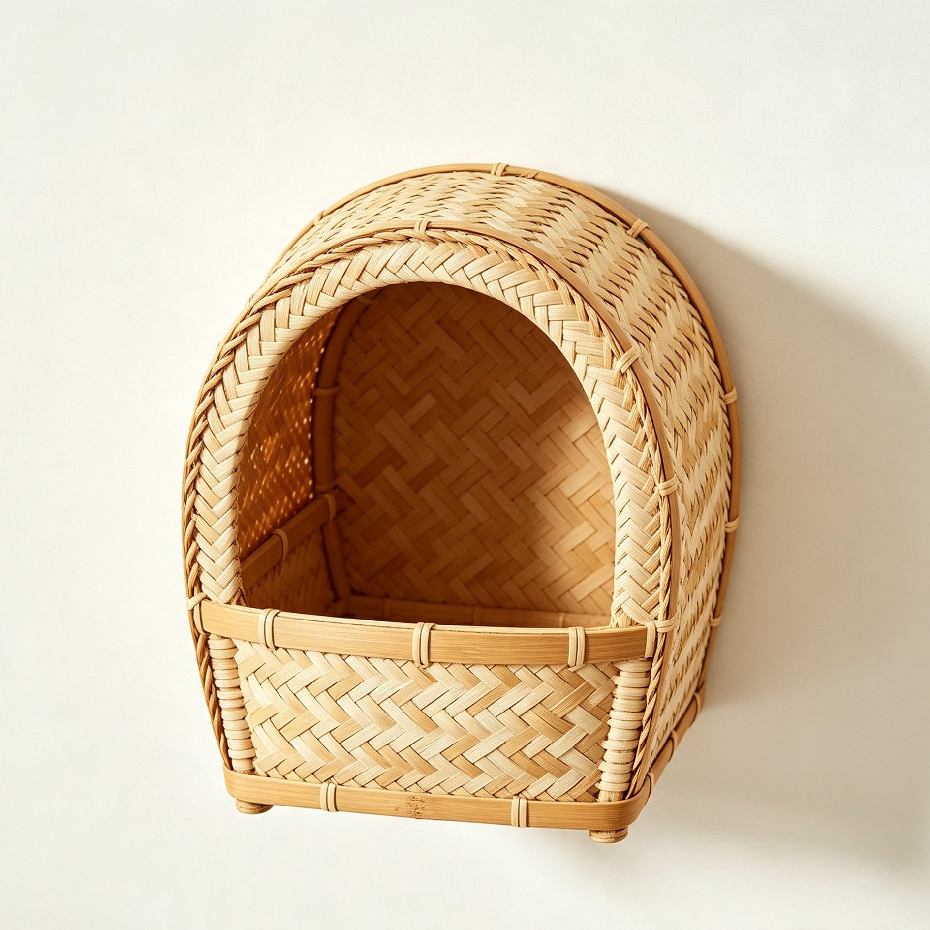 Bamboo and rattan arched wall-mounted storage basket on white wall