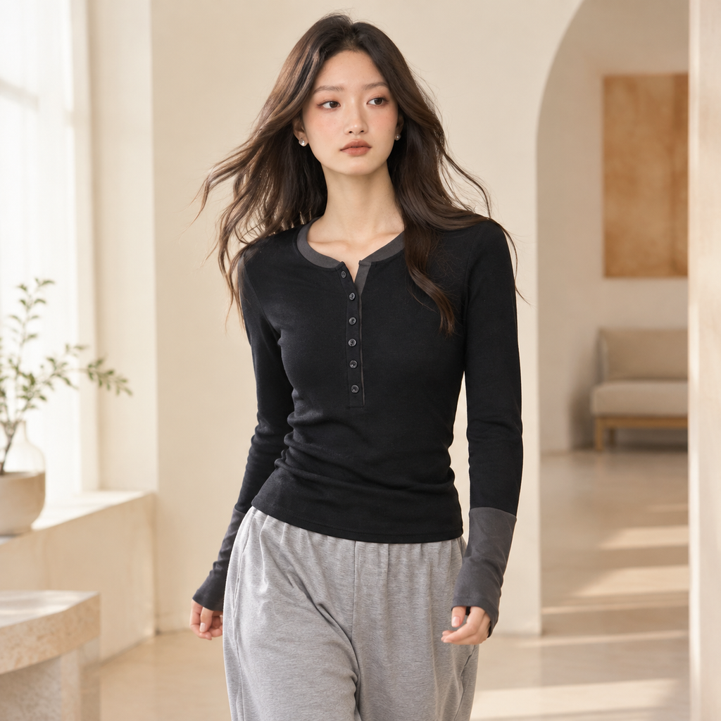 Camiseta interior de manga larga con botones en contraste para mujer, ideal para primavera y otoño