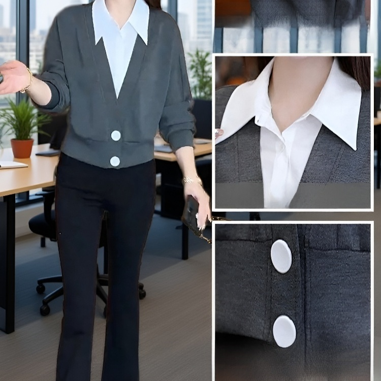 여성 차이나 기질 감령 셔츠 가짜 투피스 레드 상의 그레이 슬림 봄가을 셔츠