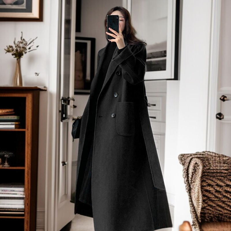 프리미엄 무릎 오버코트 루즈핏 빅사이즈 하프 모직 코트 날씬해 보이는 여성 프리미엄 모직 코트