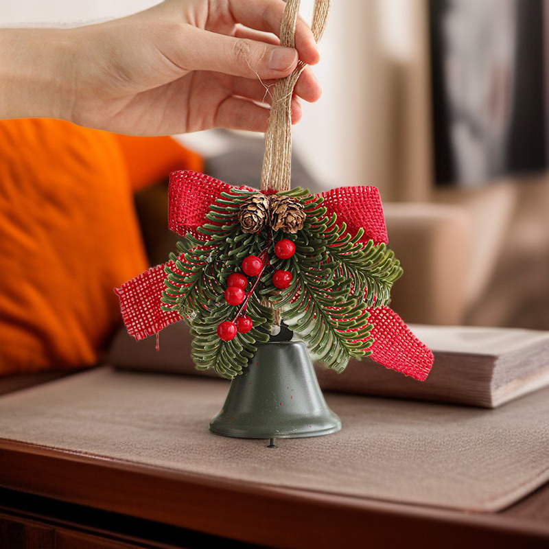 Metal Christmas Bell Ornament with Bow, Pine Needles, and Red Berries for Door 