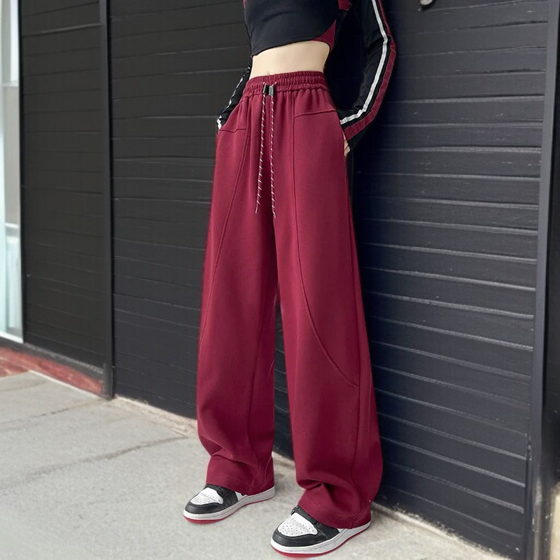 안소 와이드 와이드 팬츠 일자 하이웨스트 트레이닝 팬츠 여 캐주얼 맨투맨 레드 스트링 팬츠