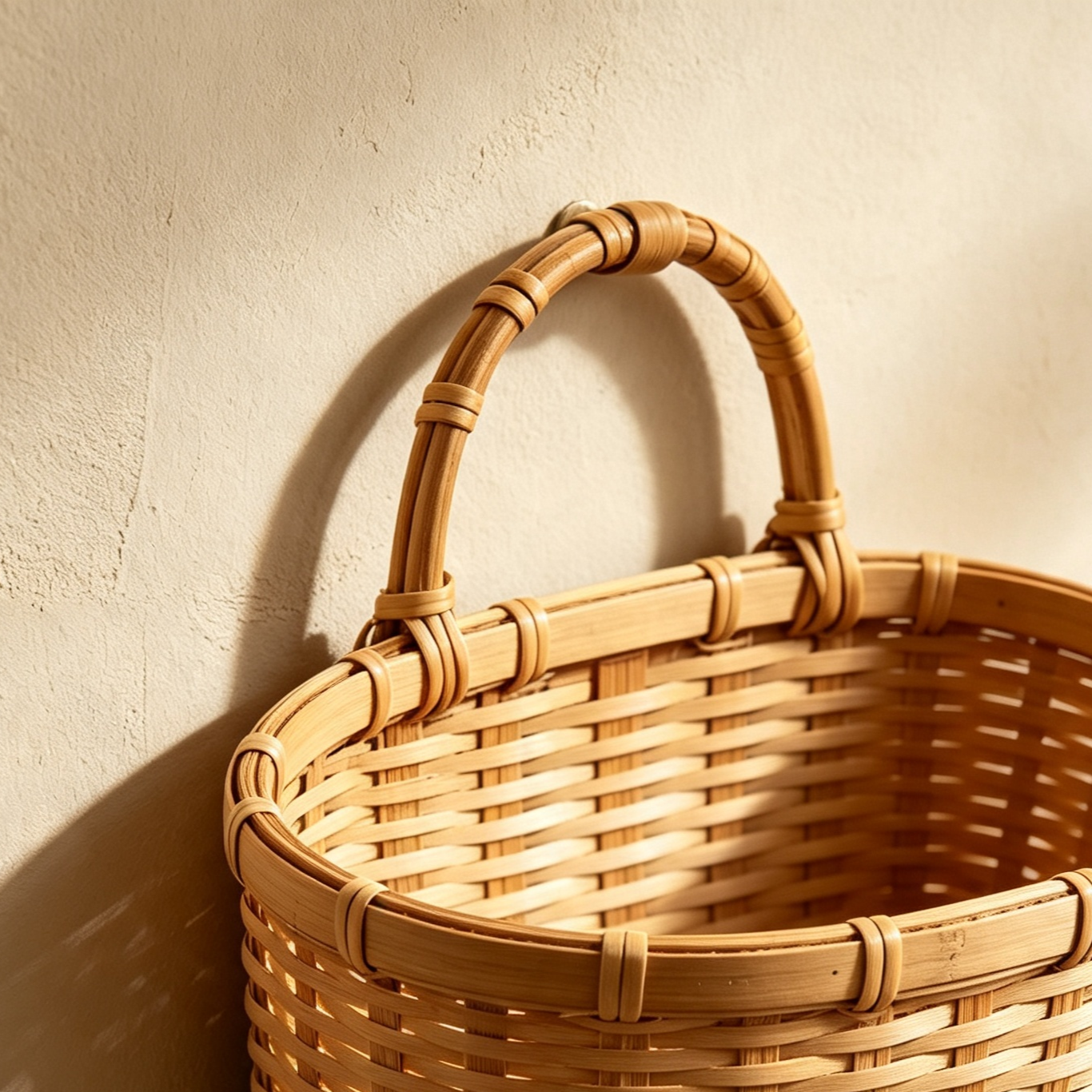 Set of 5 wall-mounted bamboo woven baskets displayed on a living room wall