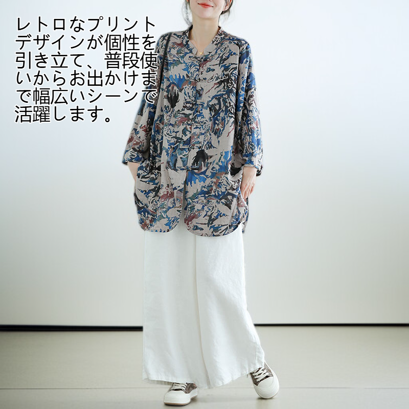 レディース レトロ コットンリネン プリントトップス