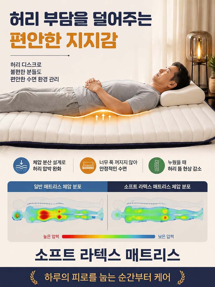 100% 천연 라텍스로 제작되어 인체에 무해하며, 7존 설계로 척추를 편안하게 지지해 드립니다!