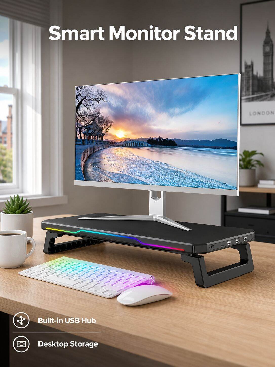 Foldable LED Monitor Riser Stand with USB Data Transfer