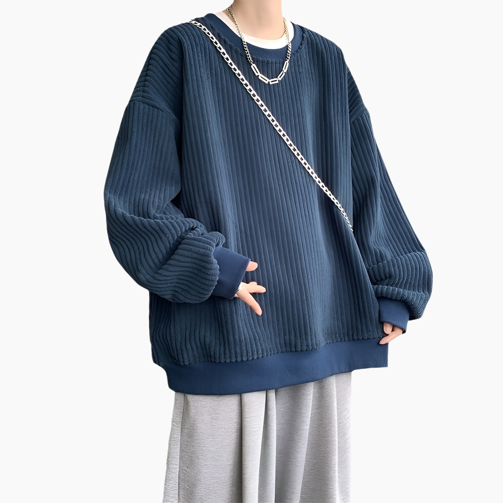 新しいメンズカジュアルスウェットシャツ 和風コーデュロイ ラウンドネック スウェットシャツ プラスベルベット 厚手スウェットシャツ メンズジャケット