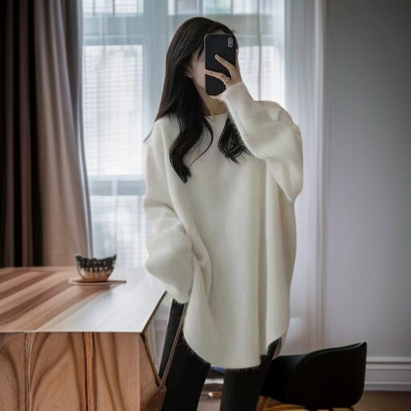 ニット セーター レディース 冬 長袖 ラウンドネック モヘア プラッシュ 暖かい セーター レディース 2024 秋冬 ソリッドカラー 多用途 ソフト ワックス状 高品質 アウター ニット ボトム 