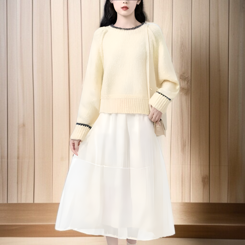 ラウンドネック カラーブロック プルオーバー ニット セーター 韓国風 ファッショナブル デザイン 長袖 セーター トップス ゆったり フィット 快適 暖かく 防寒