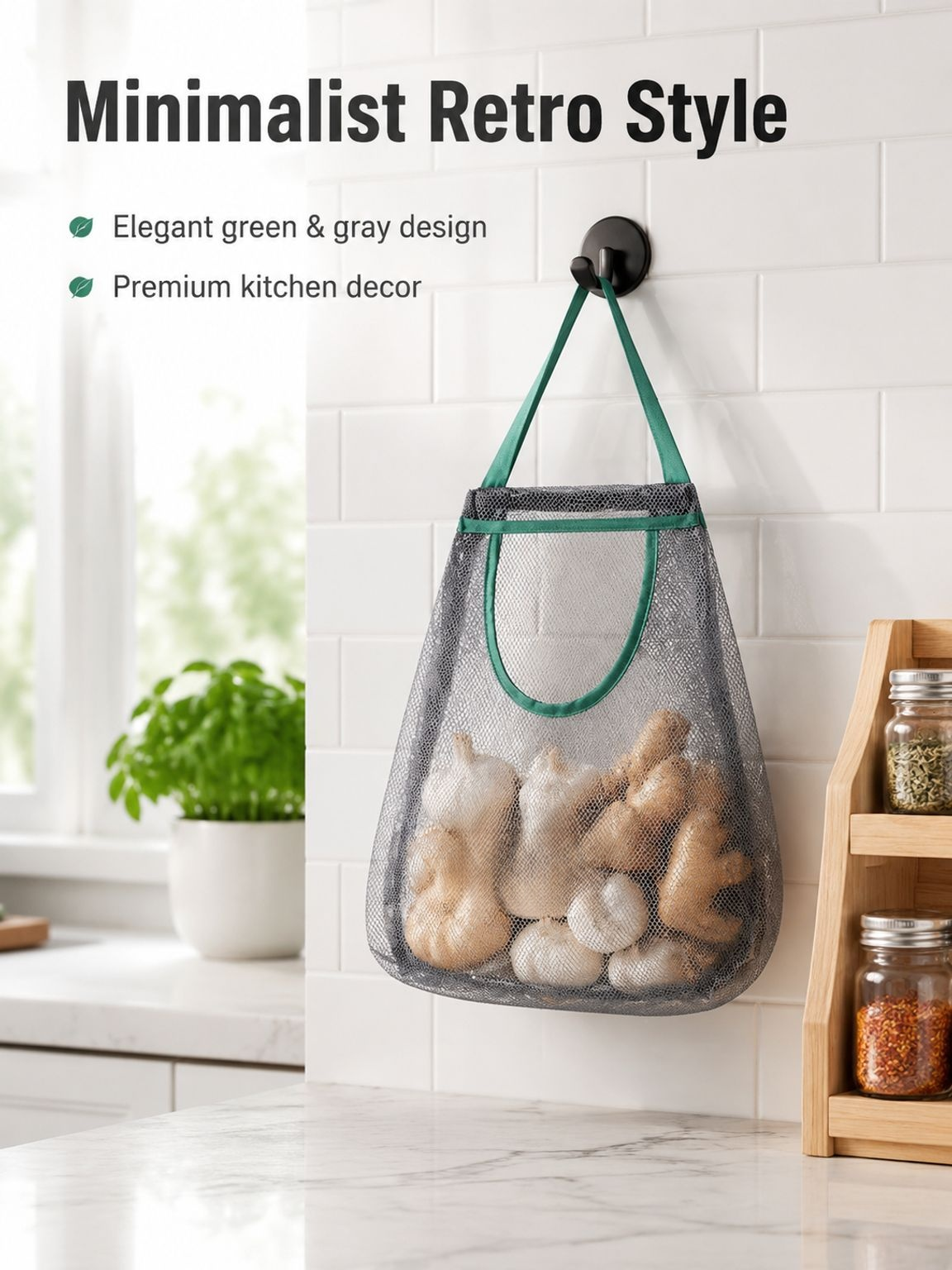Wall-mounted Garlic & Ginger Organizer Bag, Kitchen Storage Mesh Sack