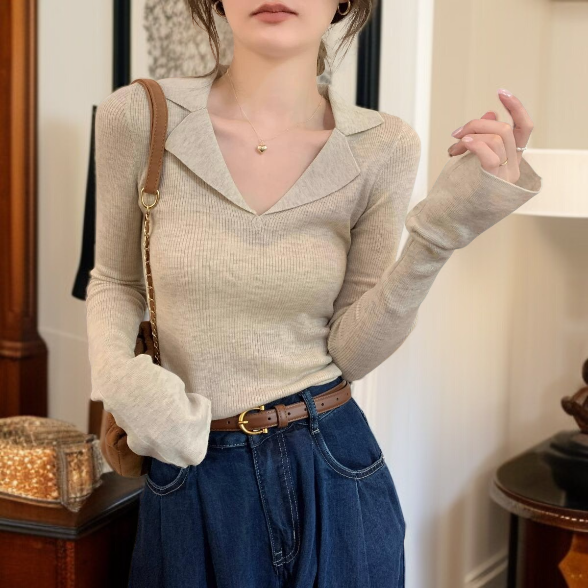 여자 추동 이너 쇄골 시크 긴팔 니트 브이넥 이너 톱
