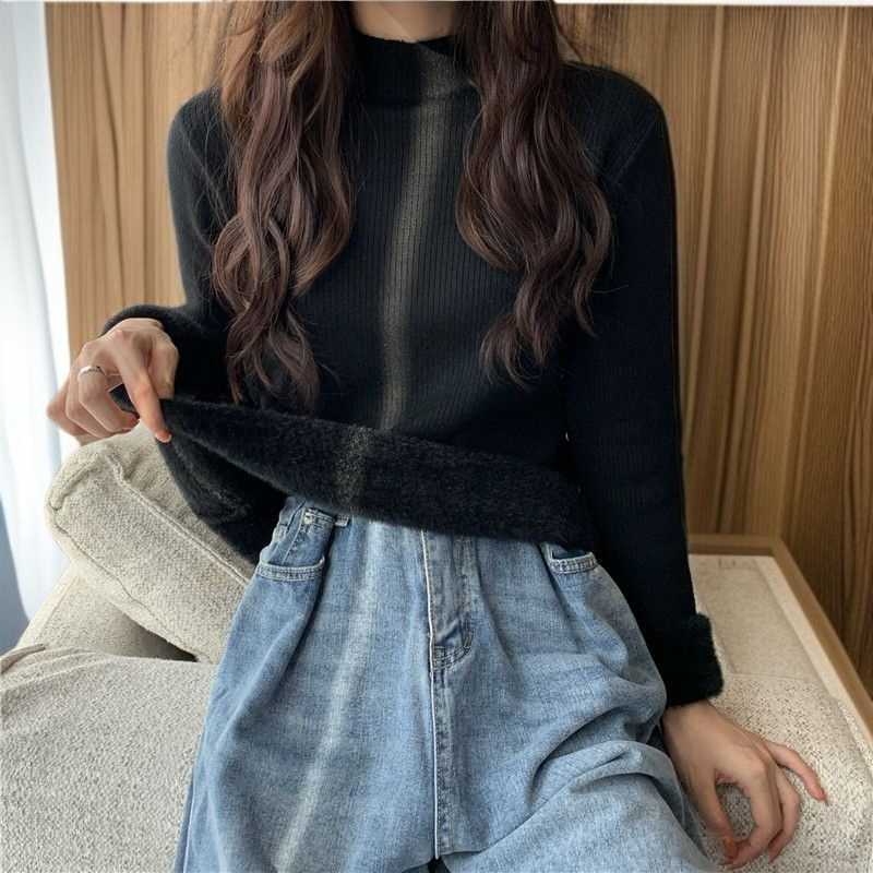 中わた入り厚手ニットレディース長袖ワンピースフリーストップス秋冬ボトムスシャツハーフハイネックニットソー