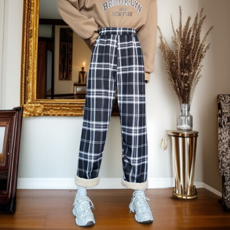 チェック柄パンツ女性秋冬新作ハイウエスト韓国版ゆったり薄手ワイドパンツパッド入りとろみカジュアルドラッグパンツ