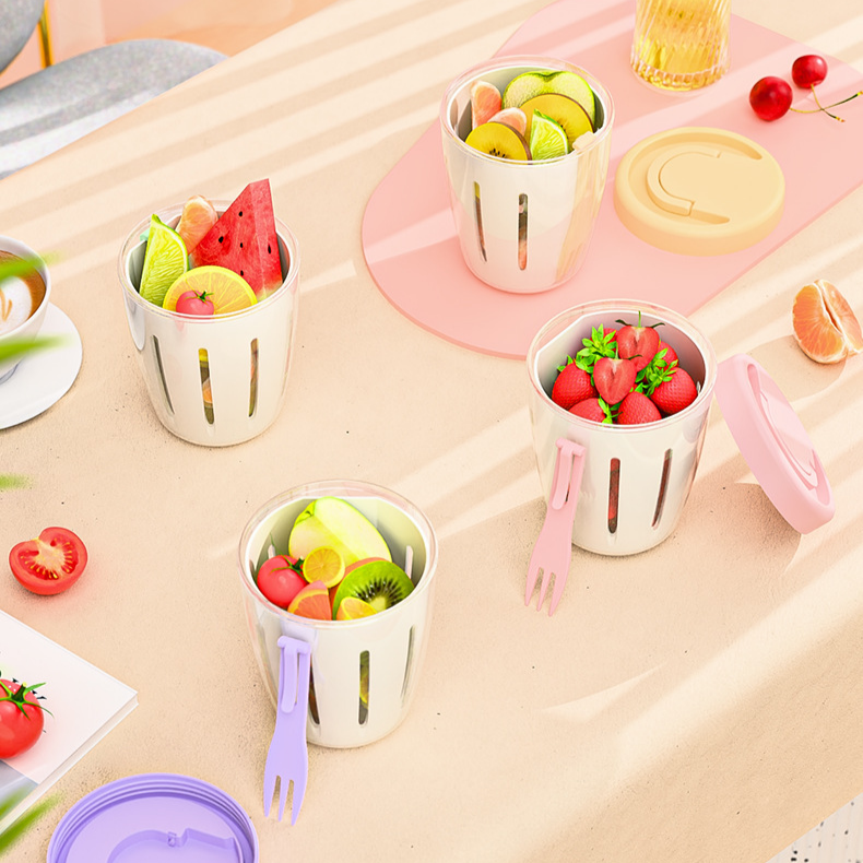 風水果杯早餐沙拉杯外帶野餐帶叉子雙層瀝水杯多用途便攜盒子