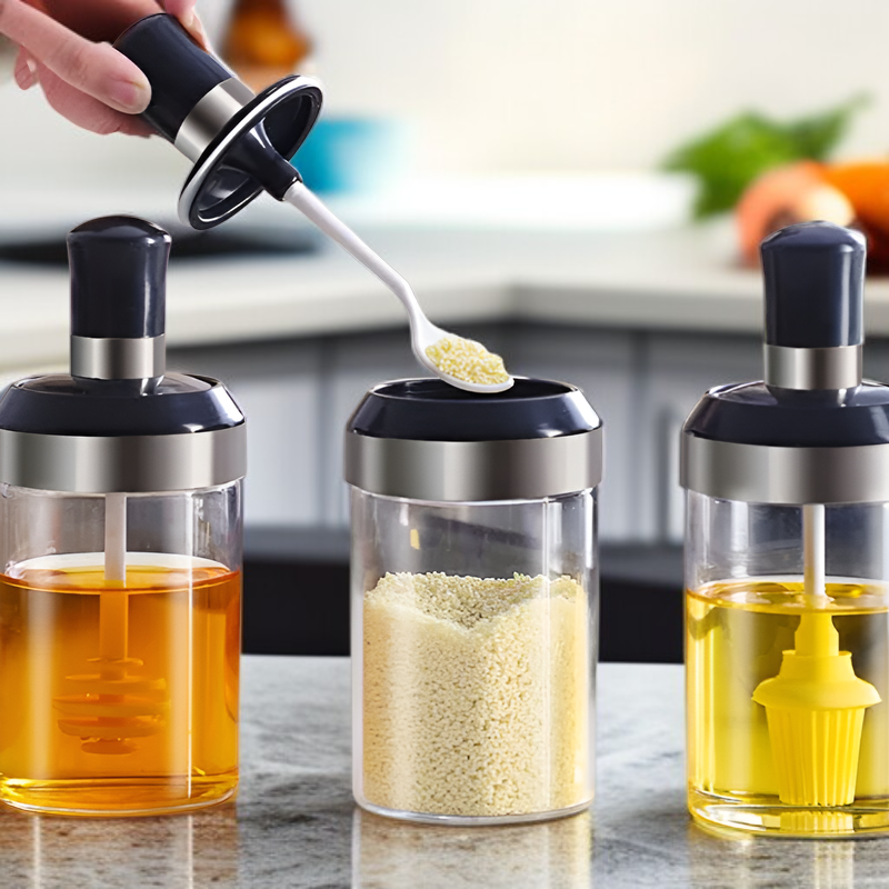 ขวดเครื่องปรุงแก้วพร้อมฝาช้อนในตัว สำหรับห้องครัว