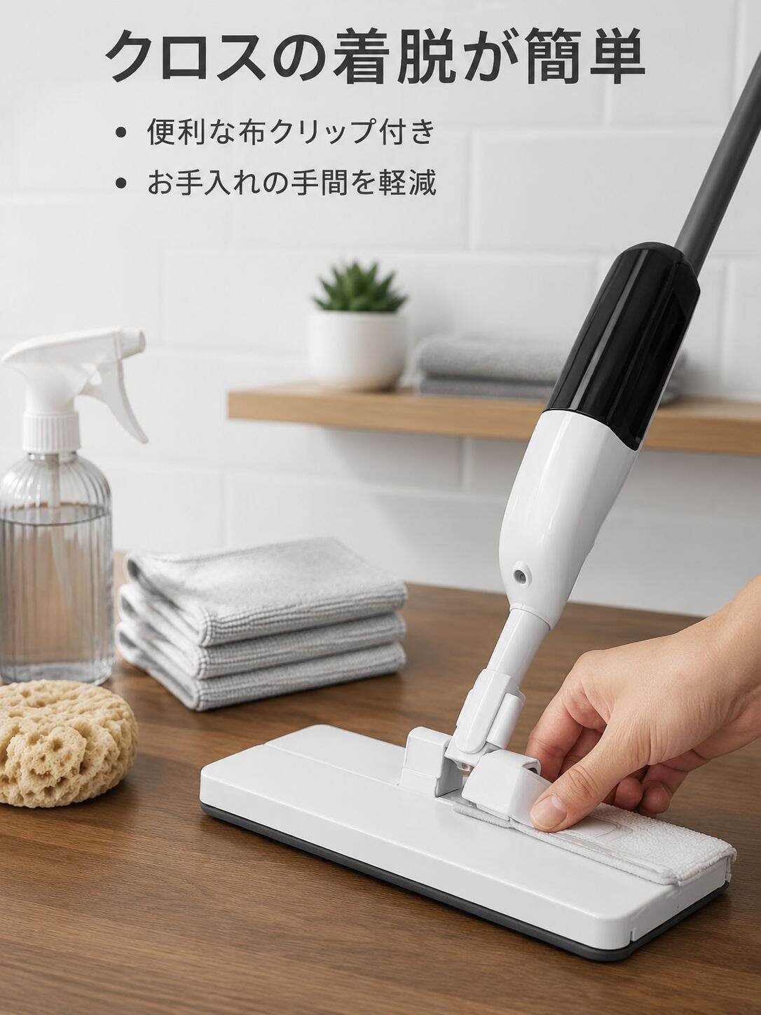 ハンズフリースプレーモップ、布クリップ付き、家庭用乾湿両用フラットモップ