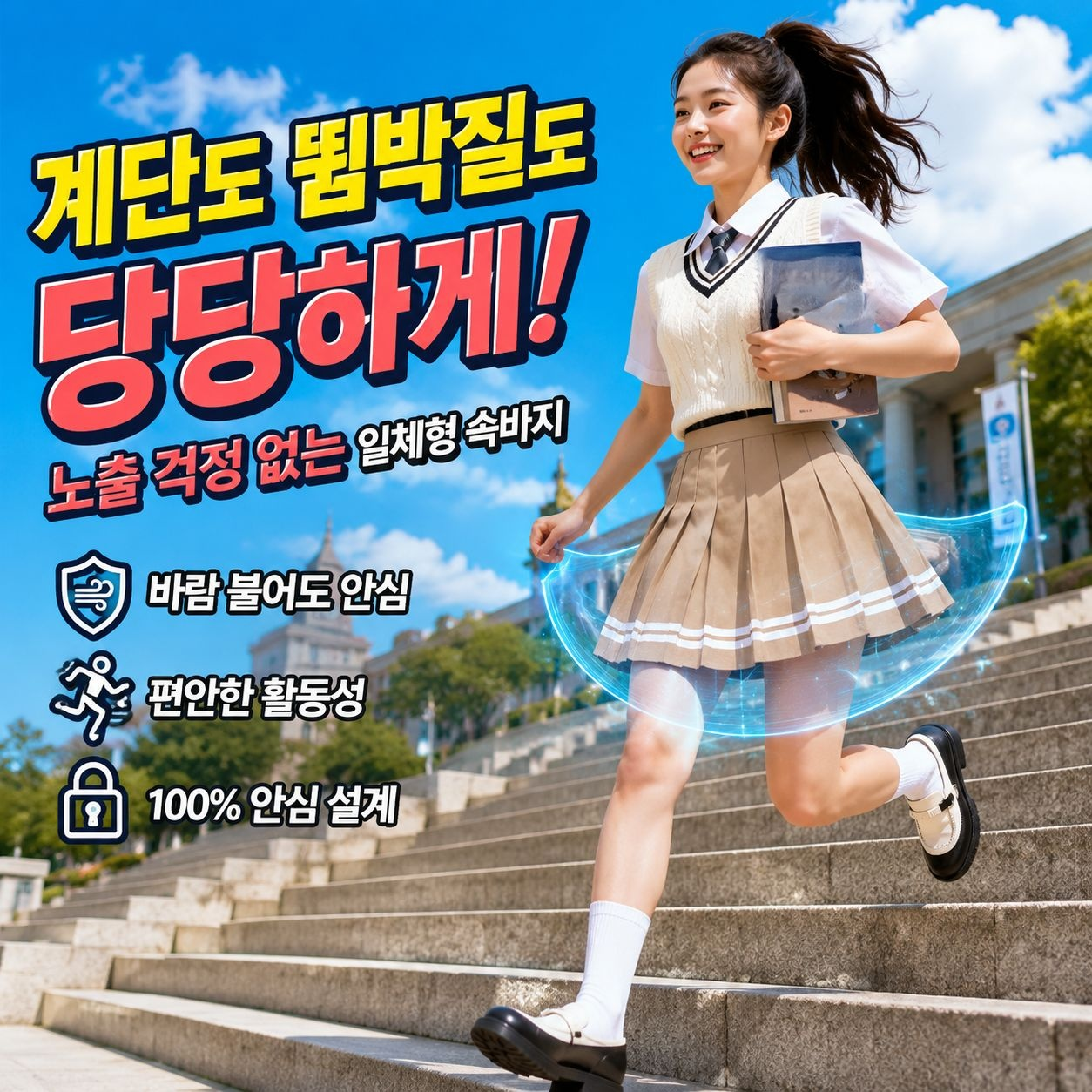 학생 플리츠 스커트 속바지 포함 하이웨스트 스트라이프 A라인 미니 스커트