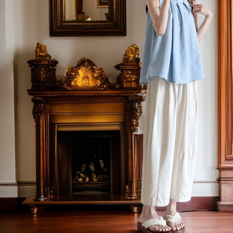 여성 여름 얇은 캐주얼 팬츠 와이드 9부 배기 팬츠 아이스 할머니 팬츠 하이웨스트 와이드 팬츠 캐주얼 팬츠