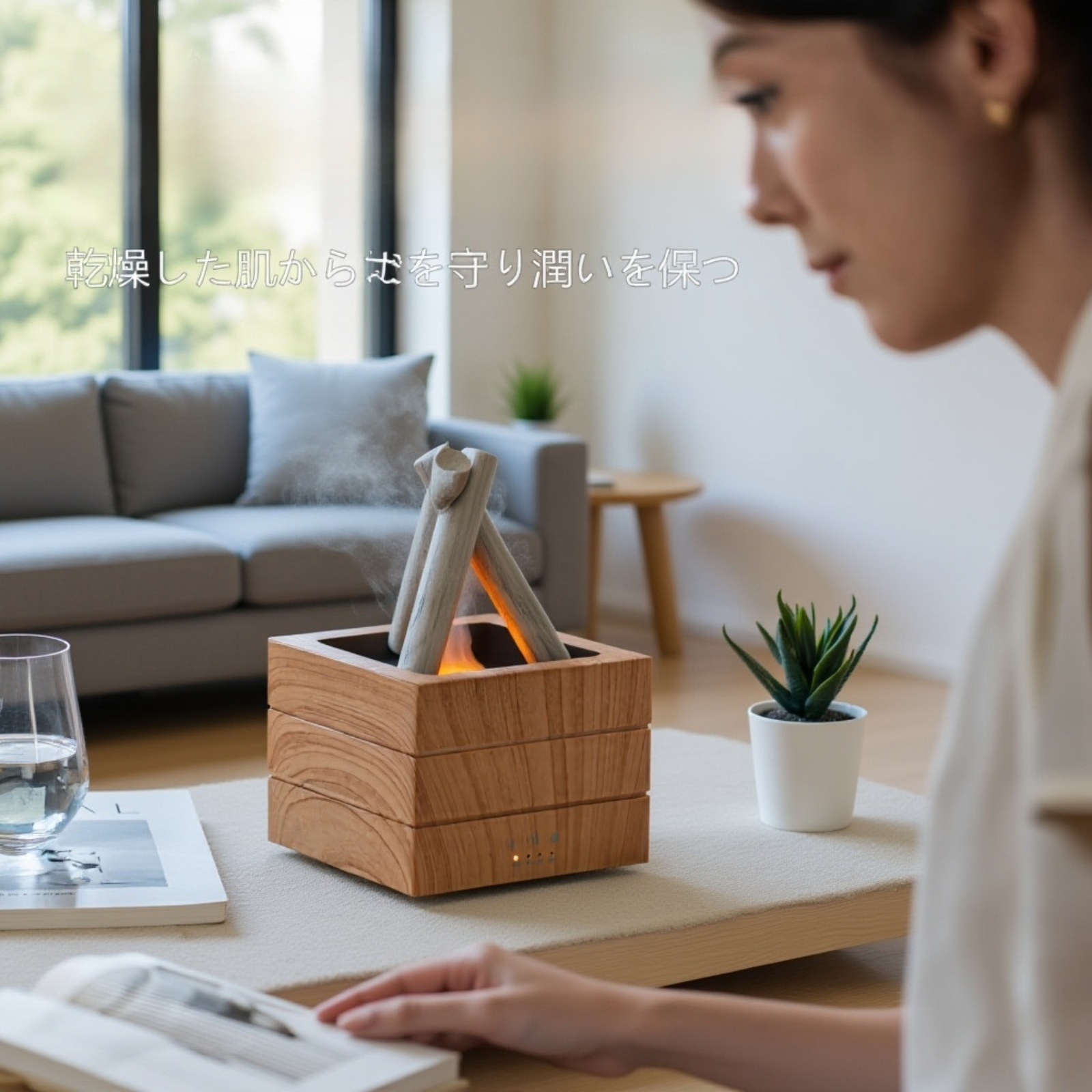 カラフル炎ランプ付きUSBデスクトップ加湿器