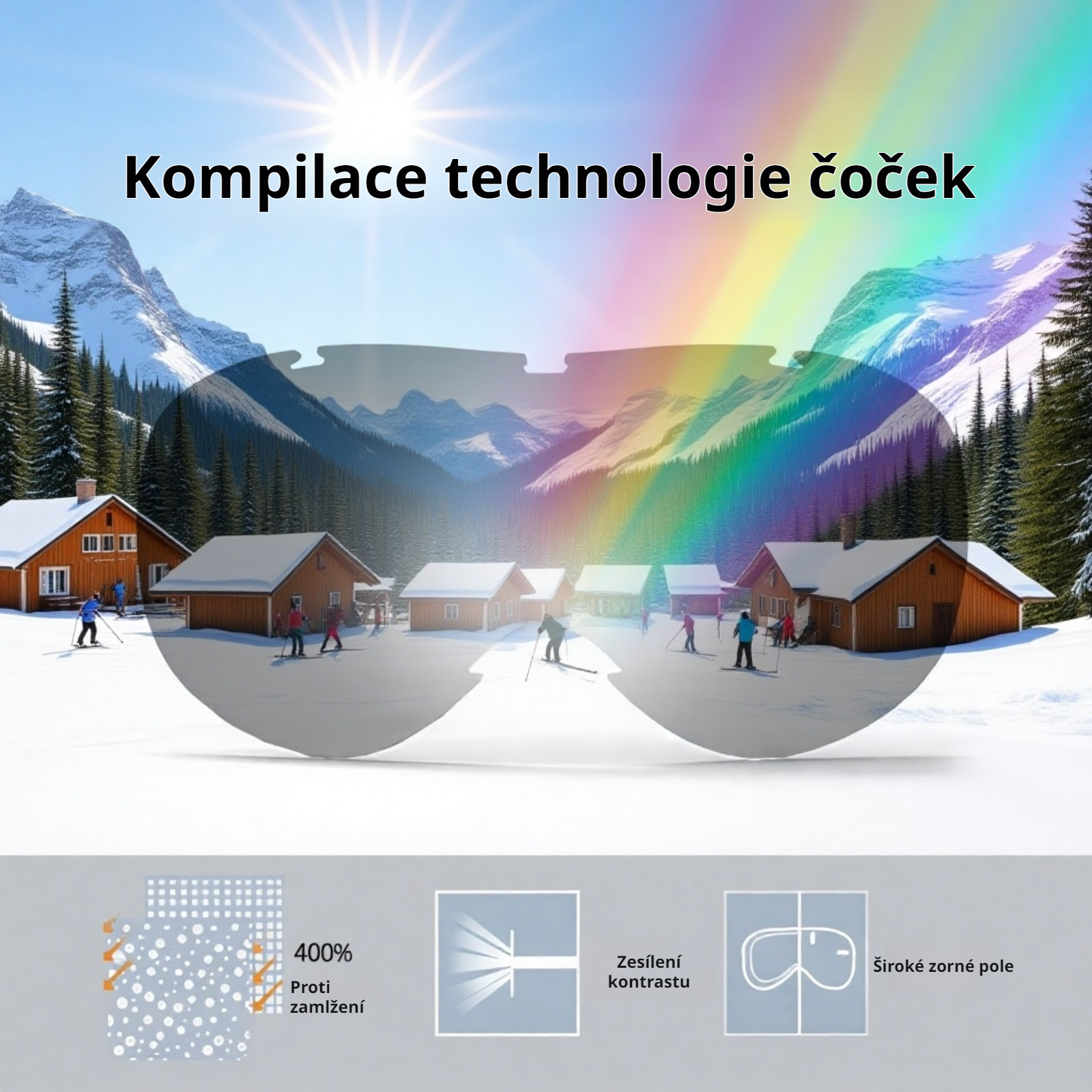 Lyžařské brýle proti mlžení, vysoké rozlišení, prodyšné a větruodolné