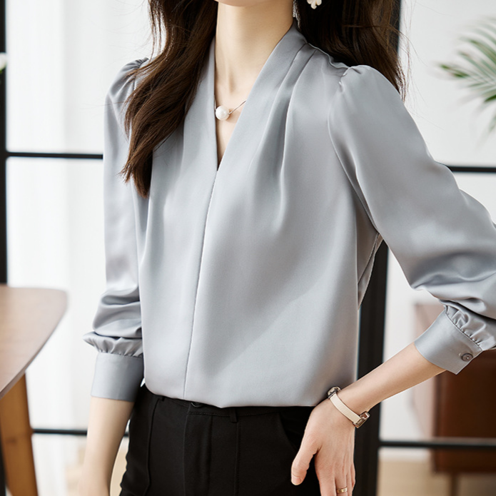 女士秋季通勤V領緞面雪紡襯衫 氣質上衣
