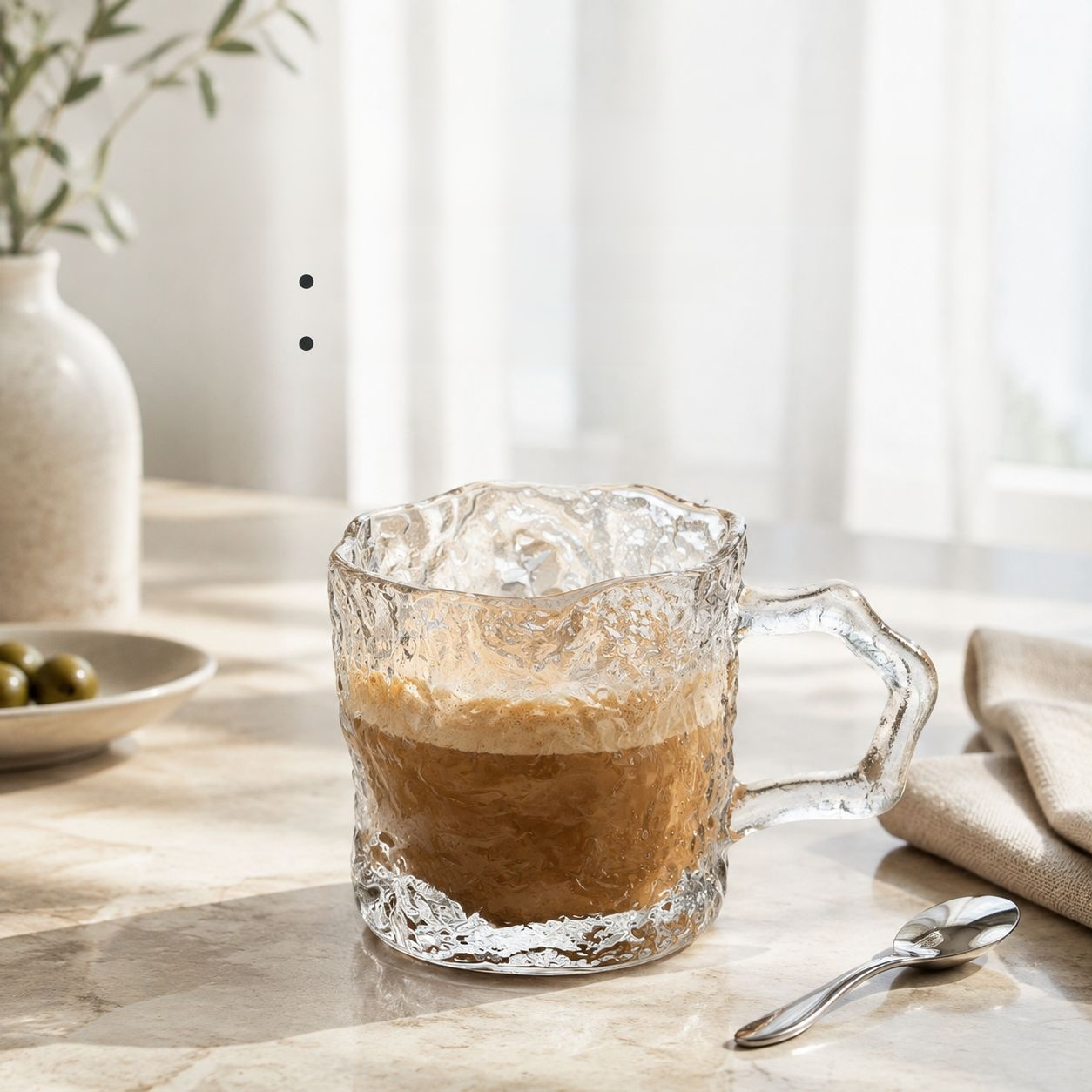 Taza de café de vidrio con asa
