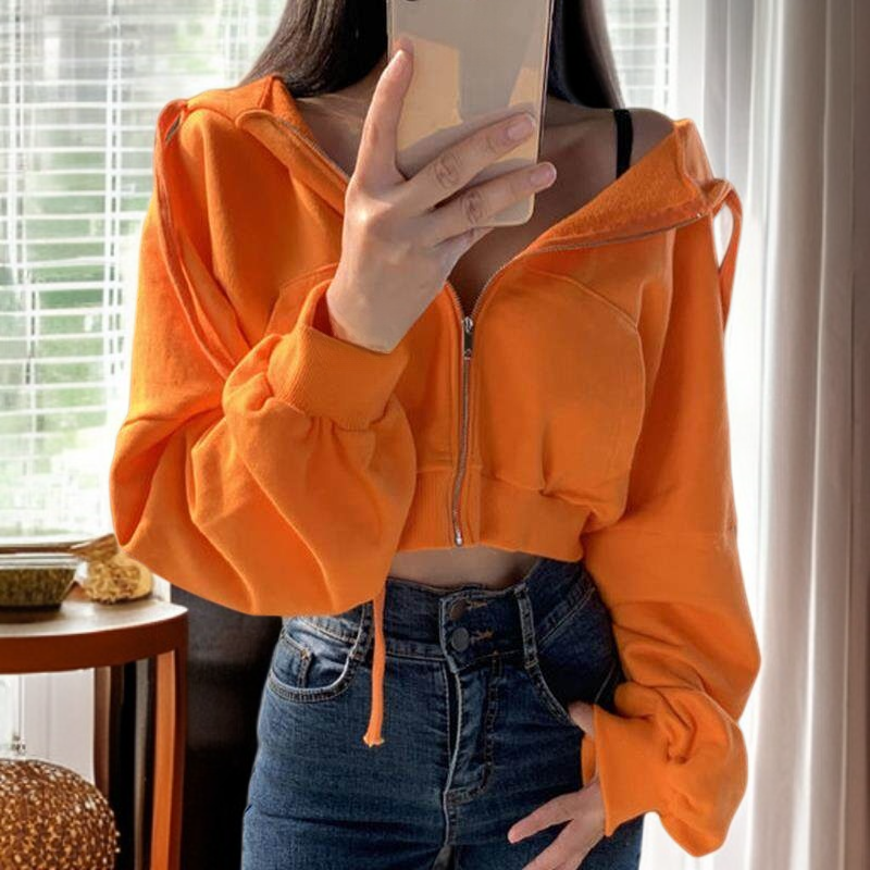 سترة نسائية جديدة للخريف بأكمام طويلة وغطاء رأس وسحاب، رائجة في أوروبا وأمريكا