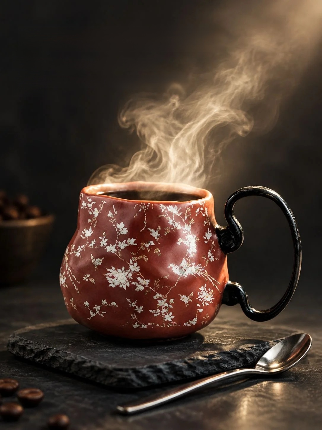 Vintage Handmade Ceramic Mug displayed next to tea leaves and a kettle